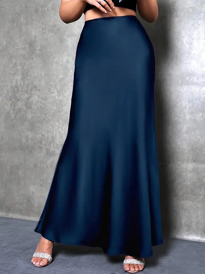 Women's High Waist Ladies Solid Color Maxi Satin Skirt