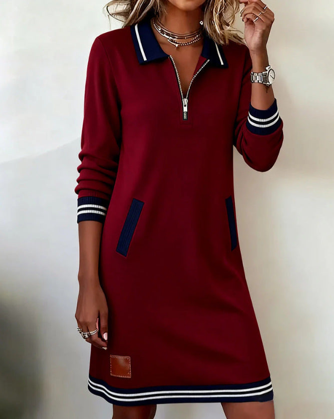 Women's Autumn Fashion Polo Collar Zipper Color Dress