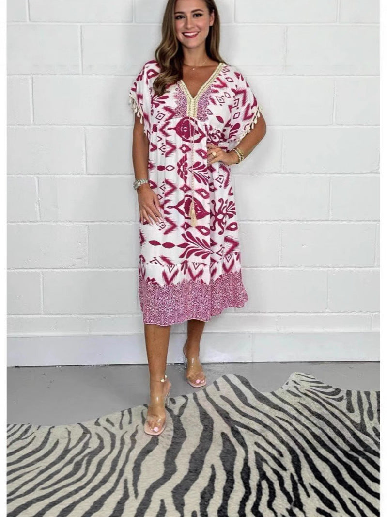 Women's Summer Fashion Printed Tassel Stitching Casual Dress