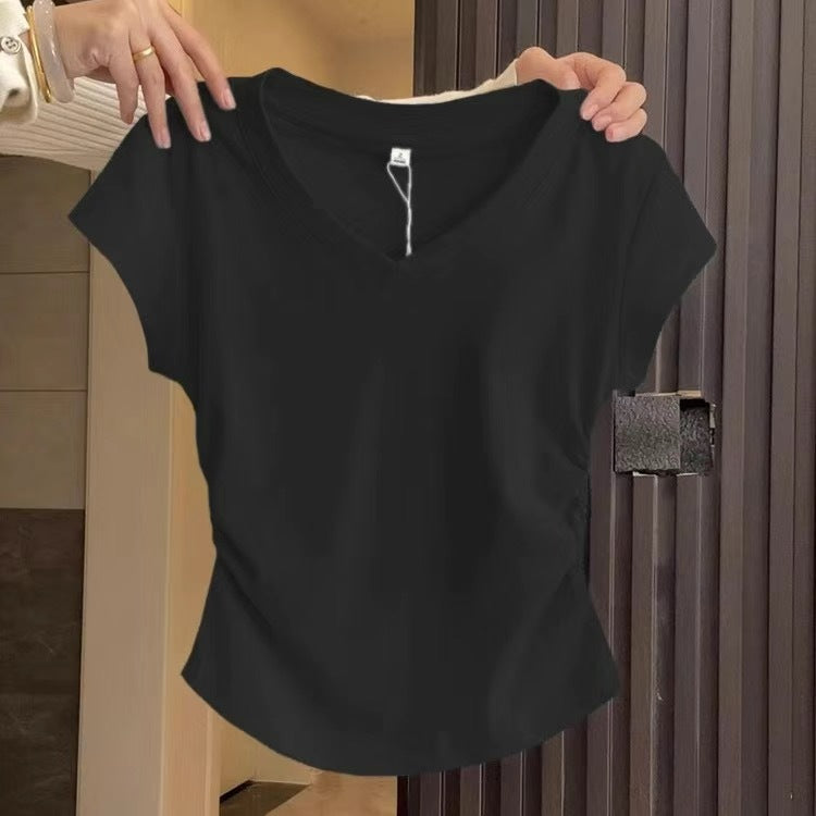 Women's Shoulder Short-sleeved Summer Slim Fit Pleated Women's T-shirt