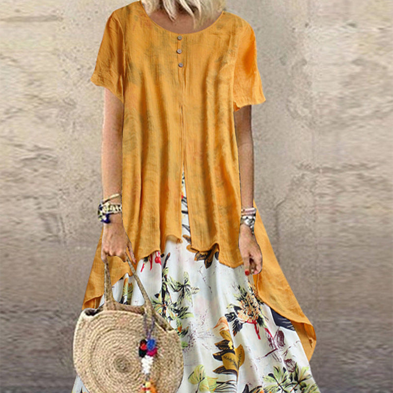 Women's Elegant Cotton Linen Floral Large Swing Dress