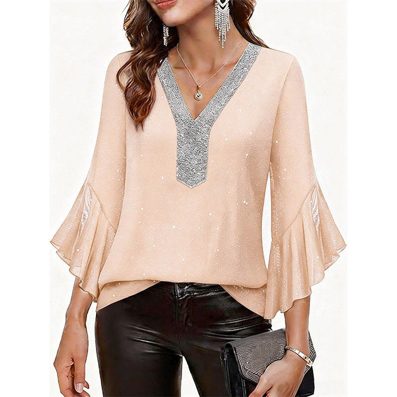 Stylish Spring Wear Sequined Pullover Shirt Blouse