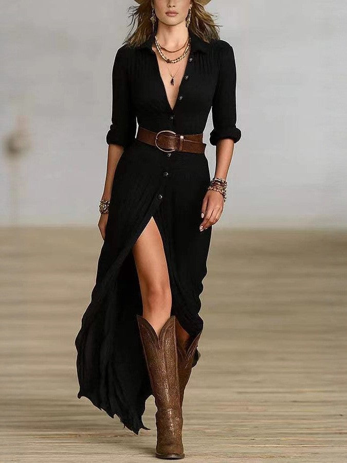 Women's Autumn Sexy Solid Color Irregular Pleated Dress
