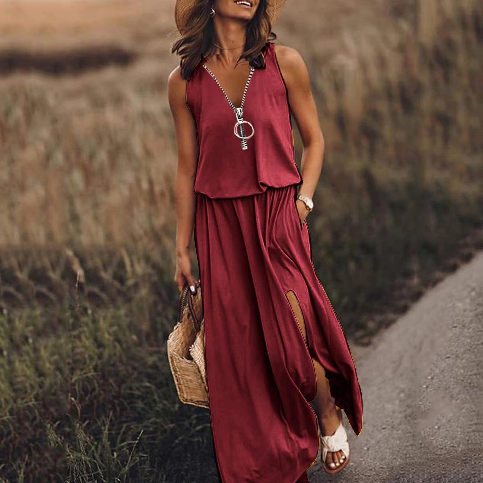 Women's Summer Sleeveless Long Fashion Casual Tight Waist Dress