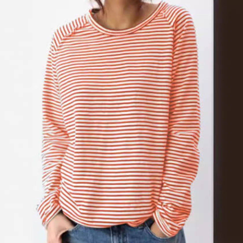 Women's Casual Loose Round Neck Raglan Long Sleeve Striped Printed Women's T-shirt