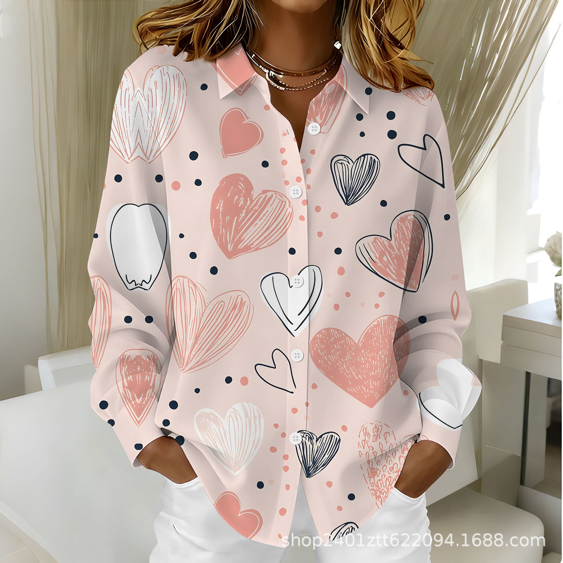 Women's Cupid Love Bow Digital Printed Long-sleeved Blouse