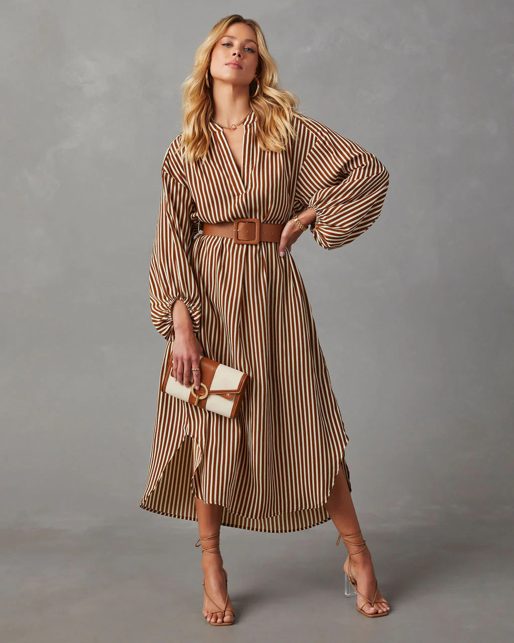 Fashion Striped Belt Long Sleeve Mid-length Dress