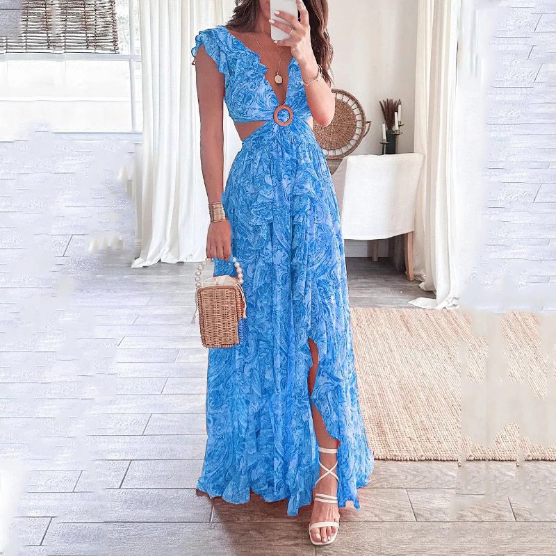 Women's Spring Fashion Printed Ruffled Split Dress