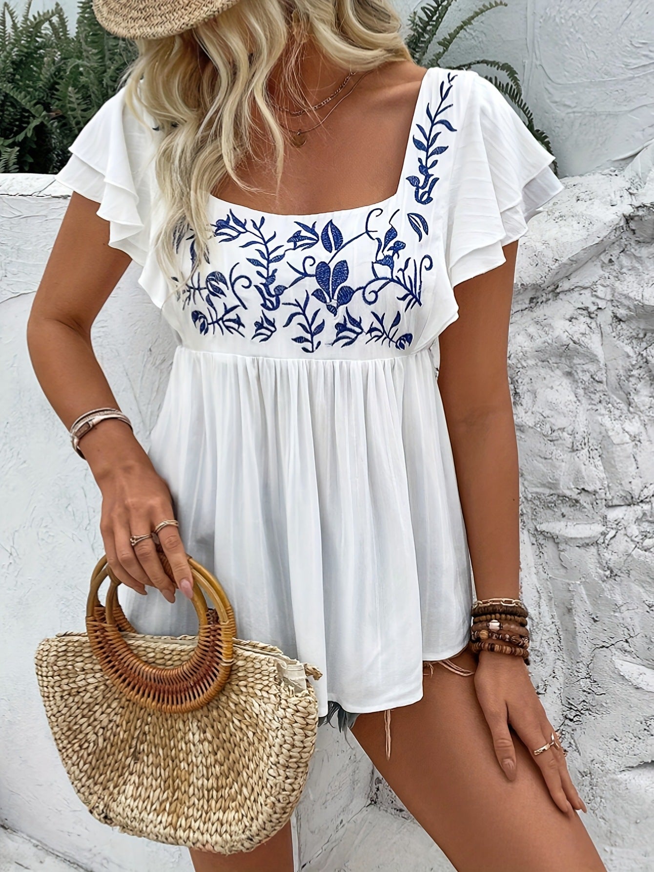 Summer Printed Square Collar Pullover T-shirt Blouse