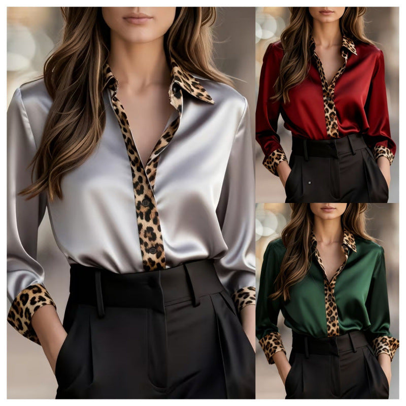 Women's Leopard Print Round Neck Stitching Satin Shirt Blouse