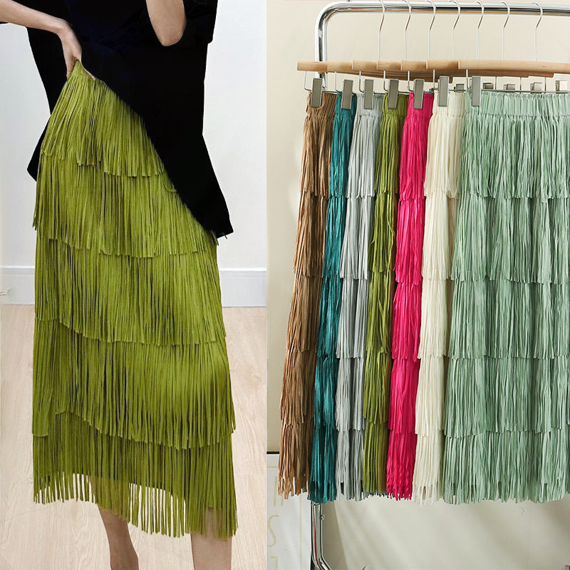 Retro Elegant Layer Tassel Dress Fashionable Draping Skirts