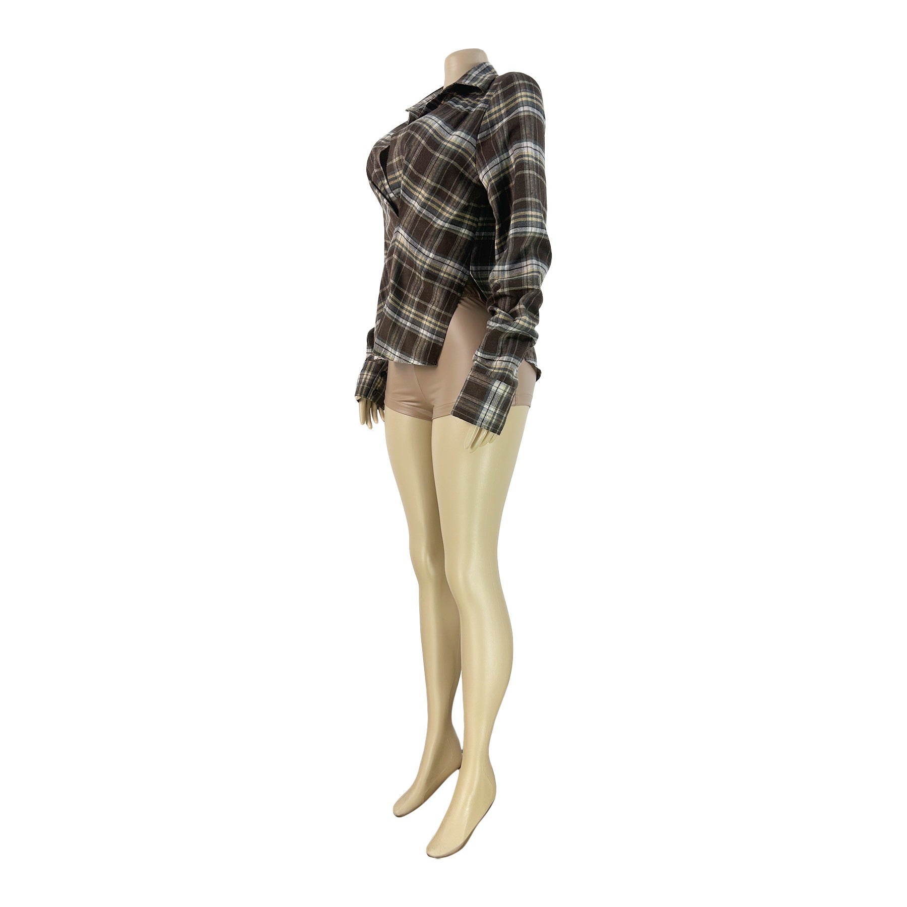 Women's Fashion Wear Plaid Casual Sexy Folding Sleeve Open Fork Head Women's Sweater