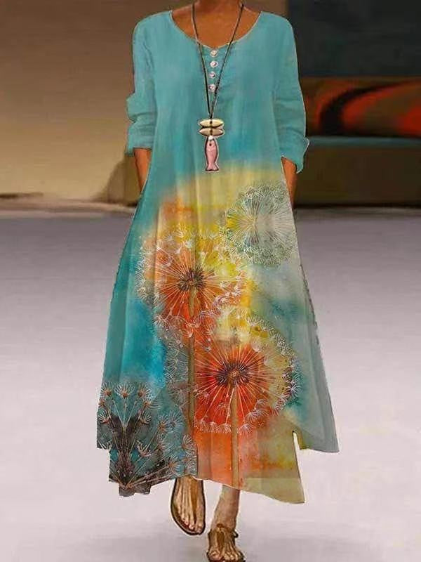 Women's Popular Printed Long-sleeved Hem Irregular Long Dress