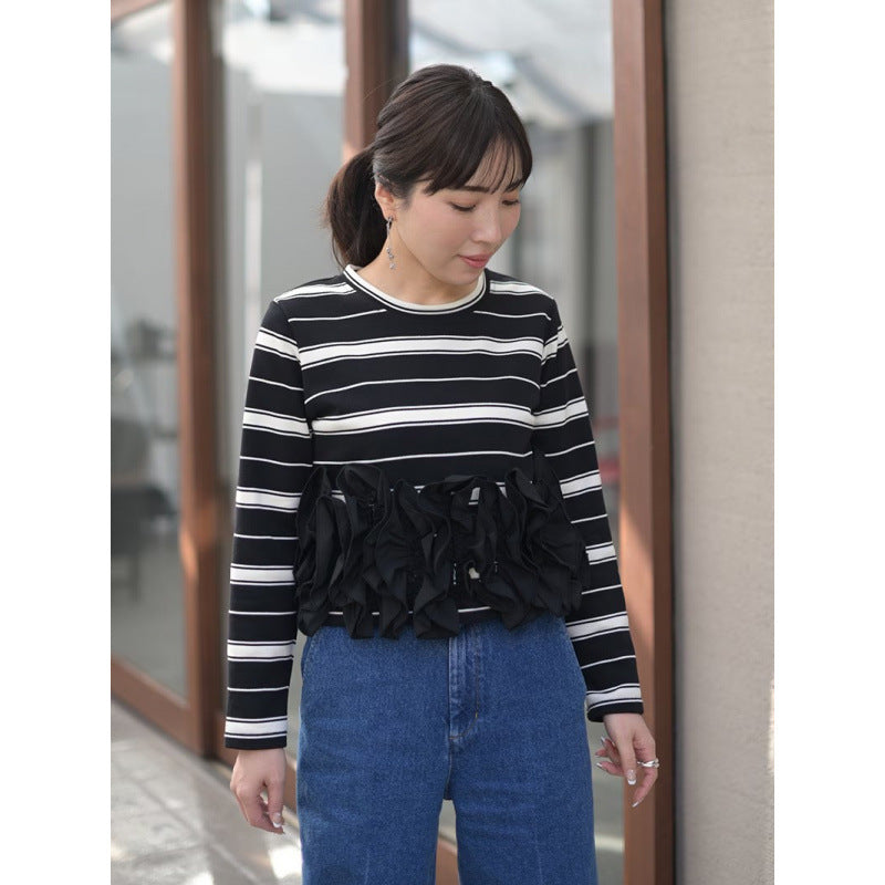 New Cool Women's Striped Long-sleeved Stitching Women's T-shirt