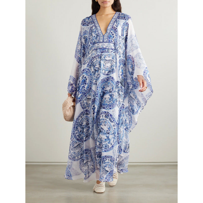 Women's Summer Blue White Porcelain Printed Loose-fitting Plus Size
