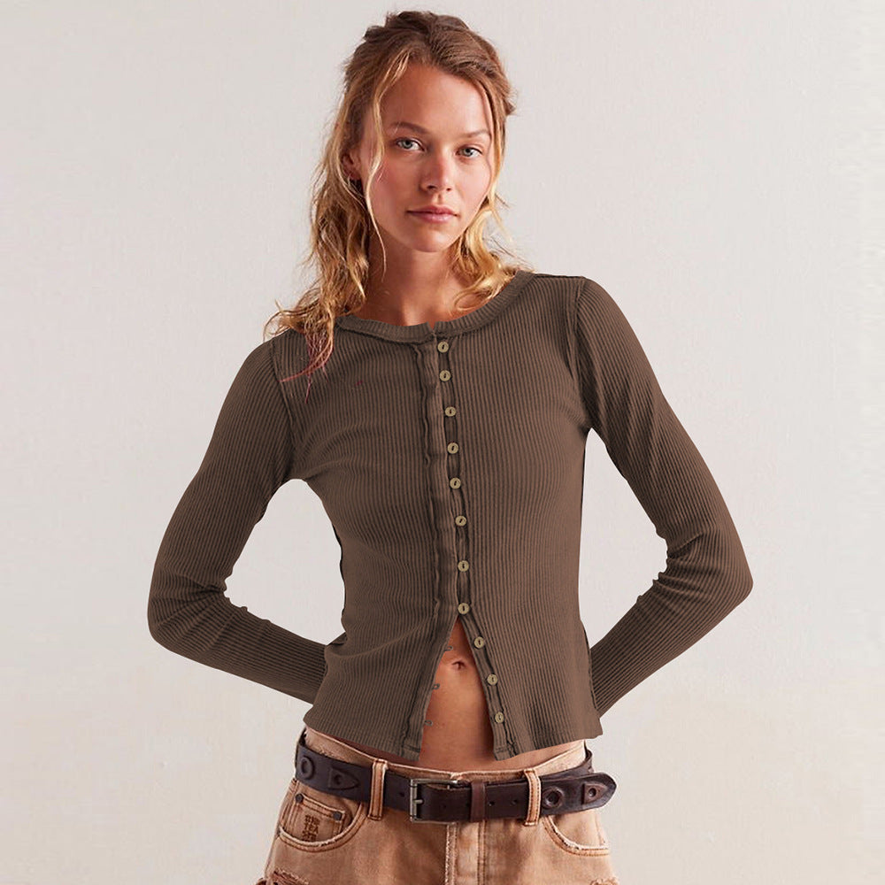 Women's Fashion Wear Long Sleeve Round Neck Button Rib Pure Color Women's Sweater