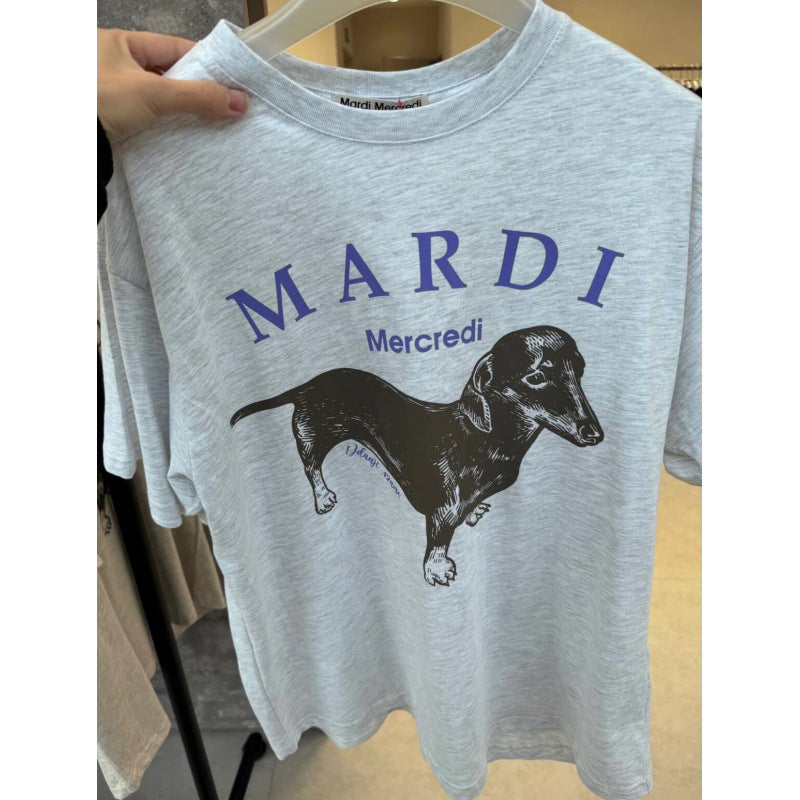 Sleeve Little Daisy Sausage Dog Printed Round Neck Pure Shorts