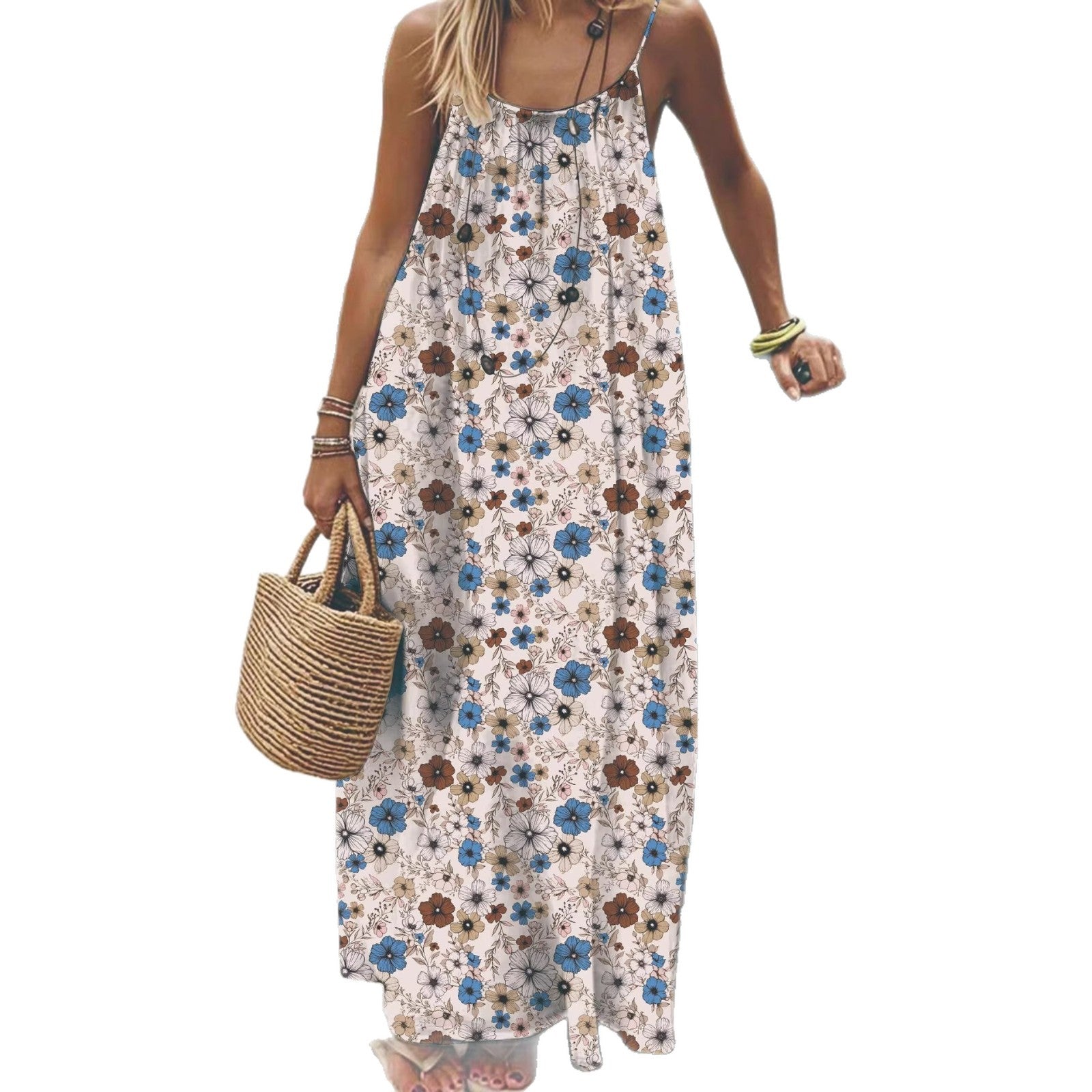 Women's Sling Backless Loose Print Long Dress