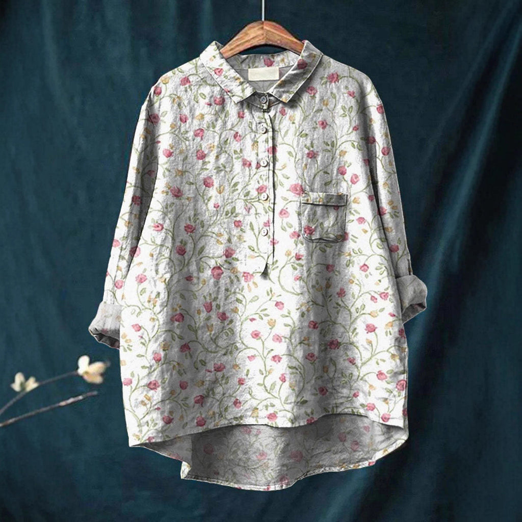 Women's Long-sleeved Personality Printing Lapel Comfortable Long Sleeve Half Button Blouse