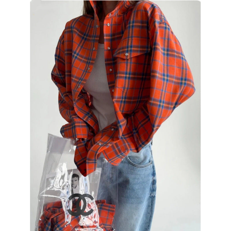 Women's Style Lapel Loose Shirt Autumn Plaid Long Blouse
