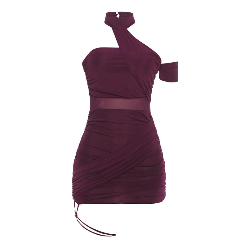 Pure Color Mesh Stitching Personality Street High Waist Figure Dress