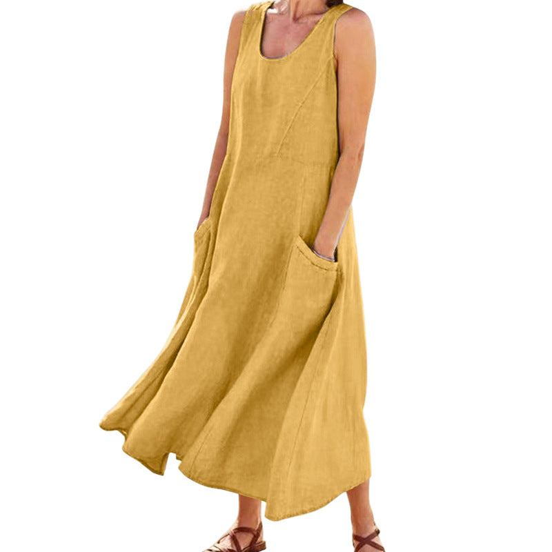 Women's Summer Retro Sleeveless Solid Color Cotton Linen Dress