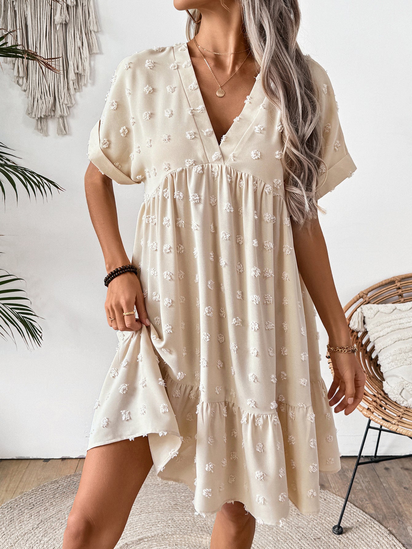 Women's Ladies Casual Sleeve Ruffled Hem Solid Dress