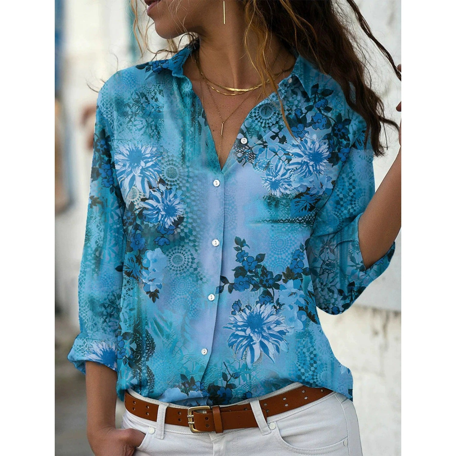 Women's Loose Lapel Long Sleeves Single-breasted Shirt Elegant Blouse