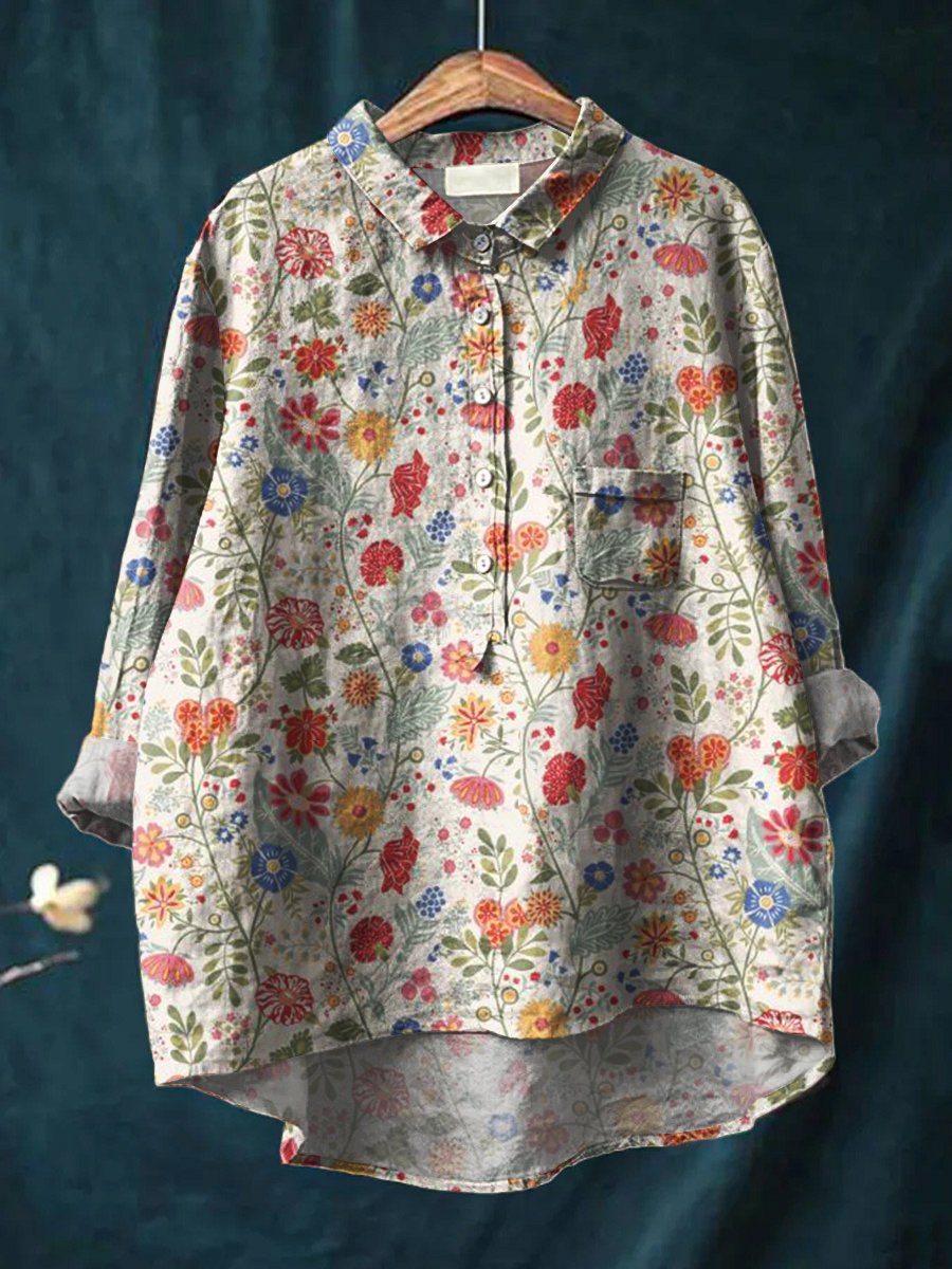 Women's Long-sleeved Personality Printing Lapel Comfortable Long Sleeve Half Button Blouse