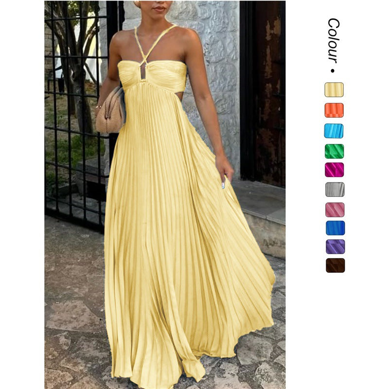 Summer Pure Color Pleated Sleeveless Suspender Dress