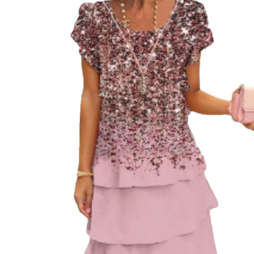 Sleeve Round Neck Printed Series Spring Dress