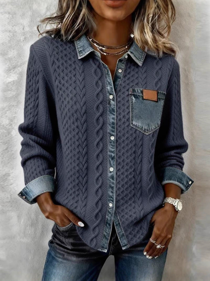 Women's Knitted Patchwork Denim Shirt Fashionable Long Jackets