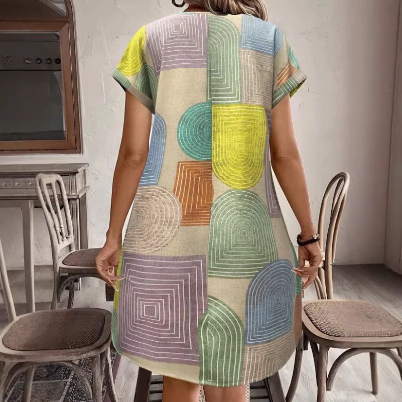 Women's Summer Geometric Pattern Elegant Button Loose Dress