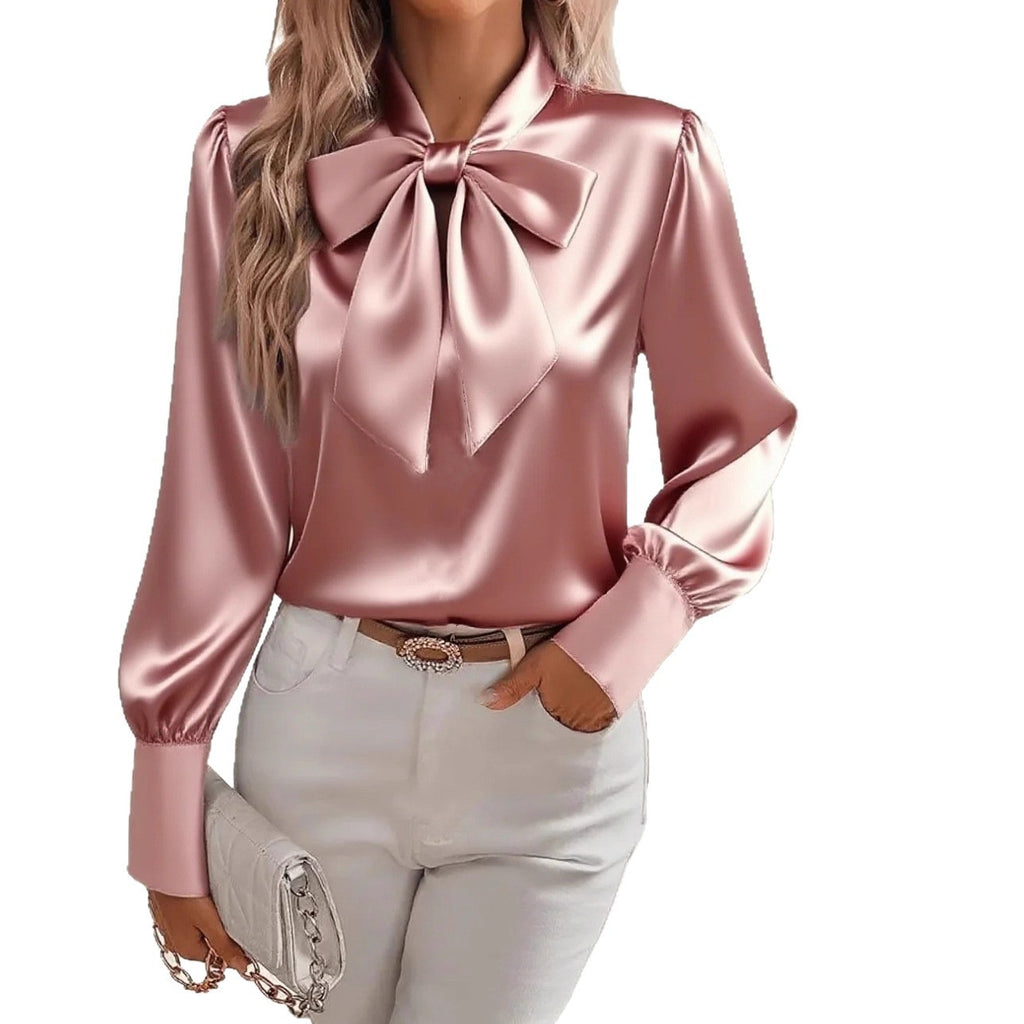 Women's Autumn Long Sleeve Bowknot Satin Shirt Tops