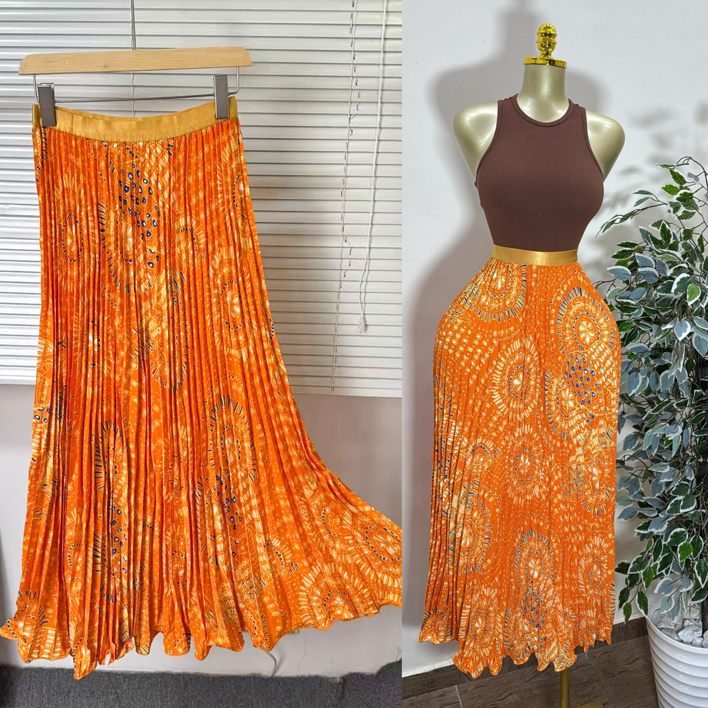 Women's Retro Printed High Waist A- Line Mid-length Pleated Large Hem Skirt