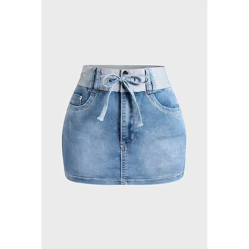 Trendy Unique Summer Stitching Drawstring Denim Skirt