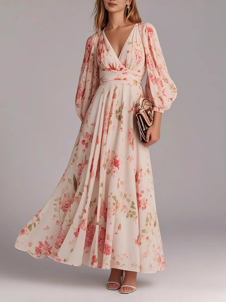 Vacation Style Lantern Sleeve Long French Dress