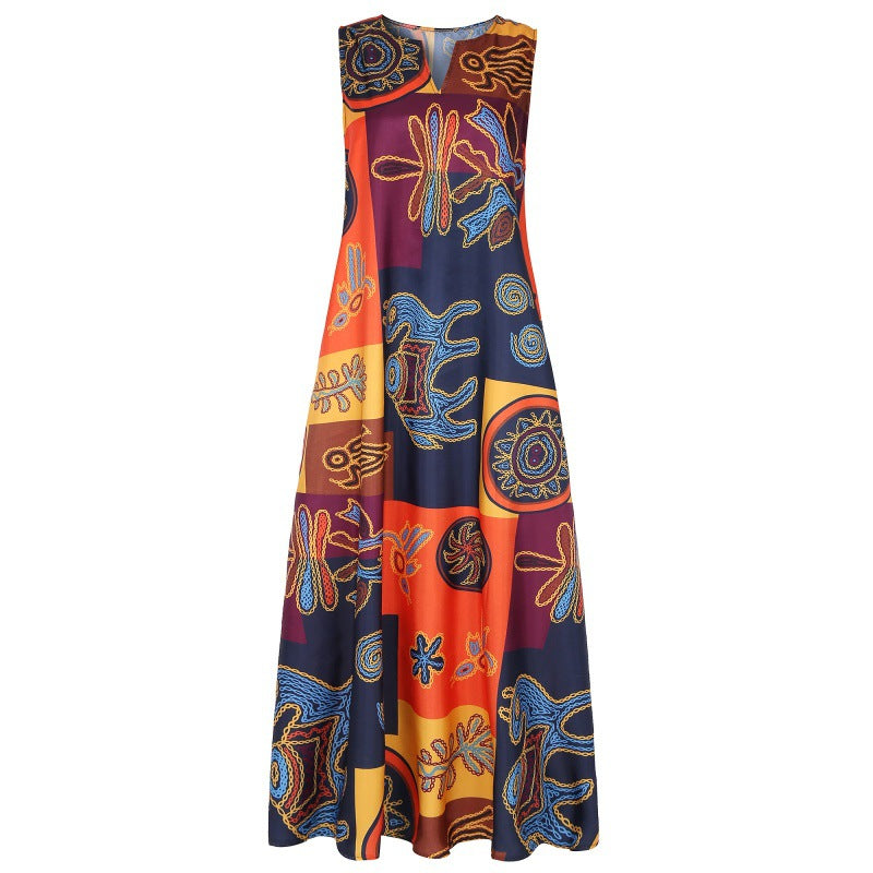 Women's Vintage Printed Cotton Linen Sleeveless Pocket Summer Large Skirts