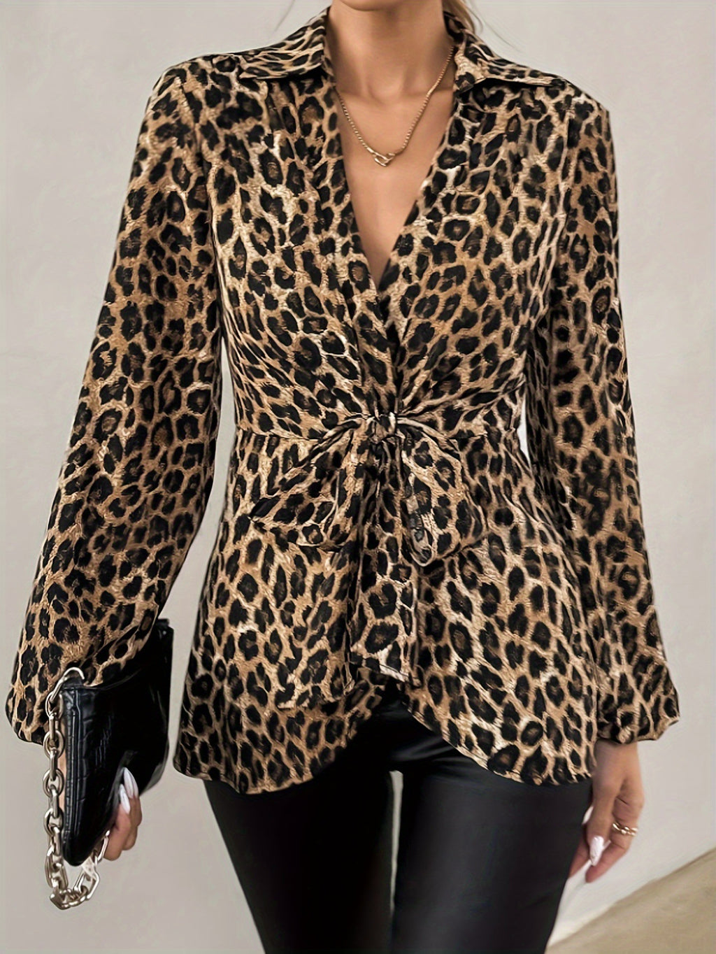 Long Sleeve Spring Leopard Print Tied Tops