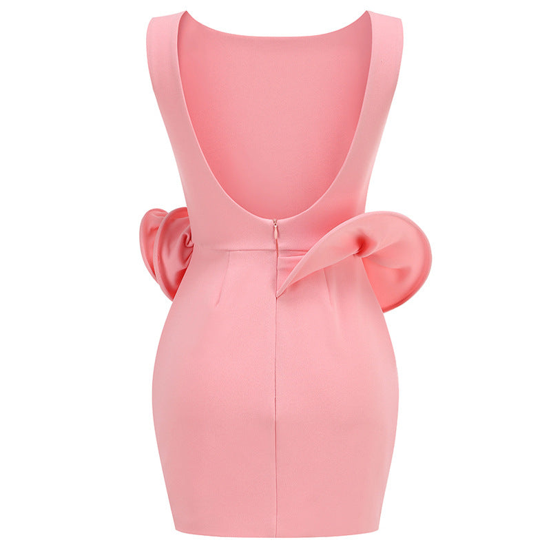 Women's Three-dimensional Flower Solid Color Party Sexy Pink Backless Dress