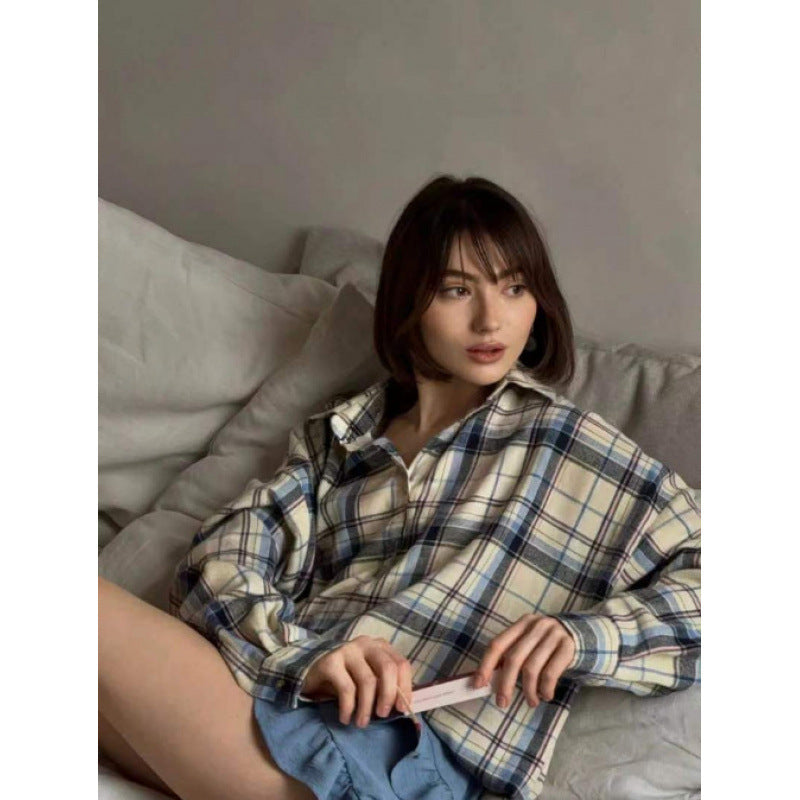 Women's Style Lapel Loose Shirt Autumn Plaid Long Blouse