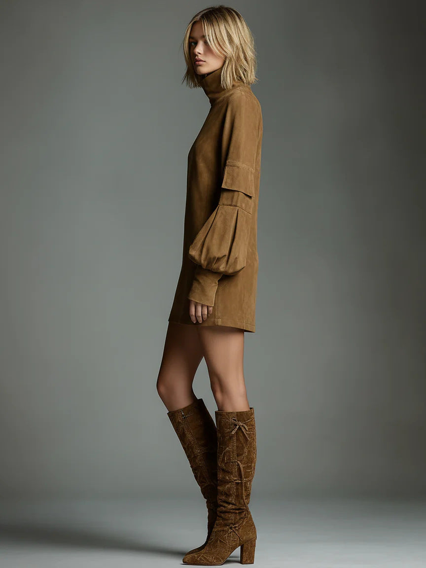 Women's Retro Lapels Suede Long Sleeve Dress