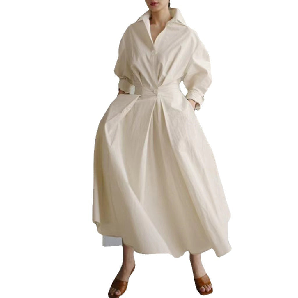 Commute Cotton Linen Solid Colored Lapel Collar Sleeve Elastic Waist Dress