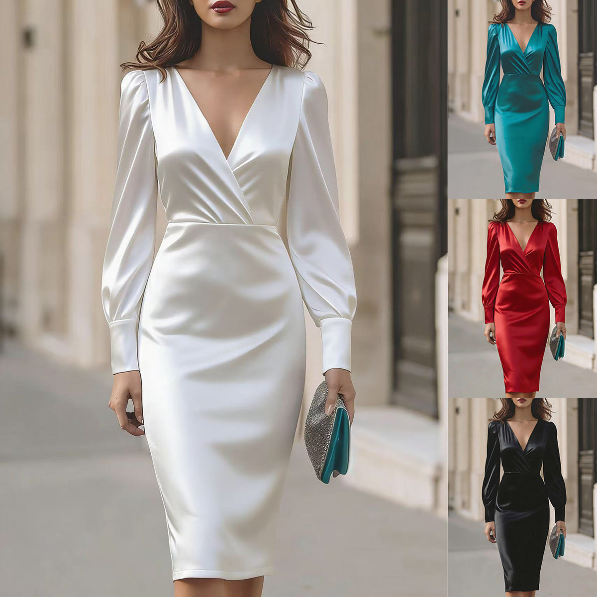 Women's Collar Slimming Sheath Autumn Satin Long Dress