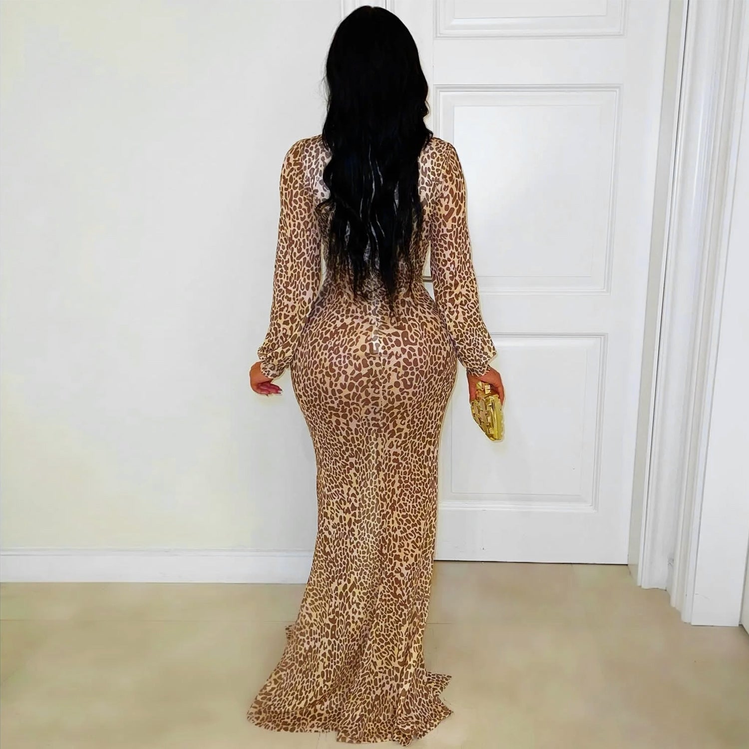 Women's Fashion Wear Sexy Deep V Leopard Print Split Dress