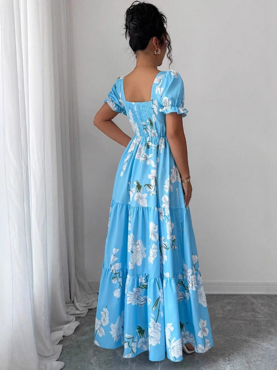 Long Square Collar Flower Print Elegant Dress