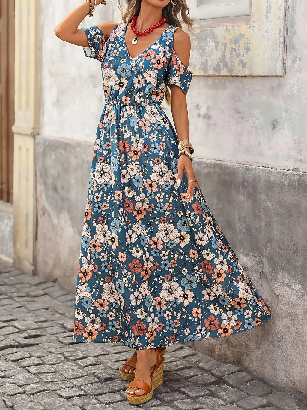 Women's Printed Cold Shoulder Sleeve Floral Elegant Dress