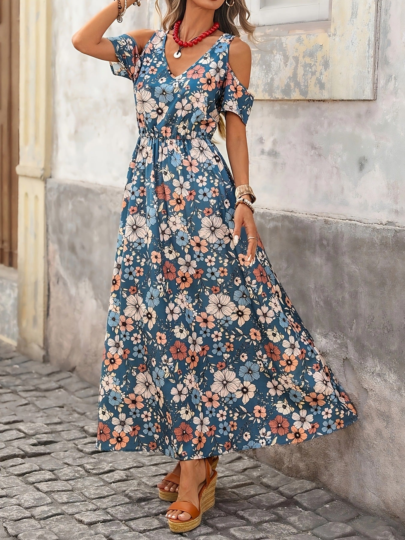 Women's Printed Cold Shoulder Sleeve Floral Elegant Dress