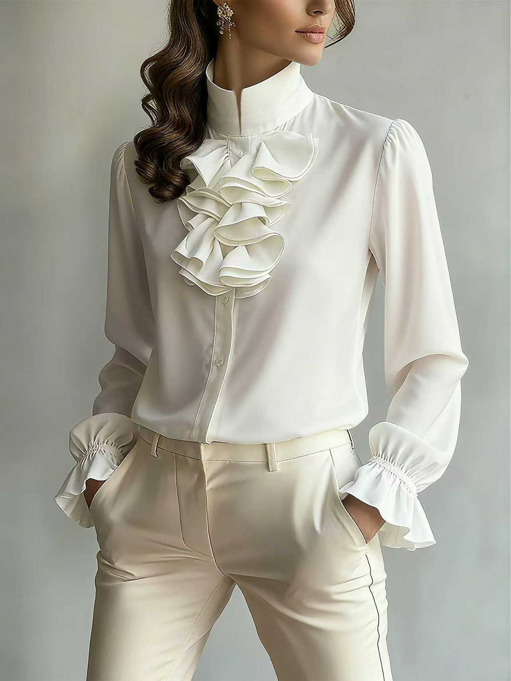 Women's Temperament Commute Loose Lapel Pure Color Ruffles Blouse