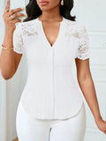 Women's Fashion Single-breasted Solid Color Embroidery Hollow Tops